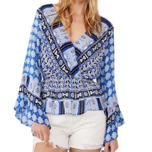 FREE PEOPLE NWT - Rosalie wrap top in indigo print, size S or M.